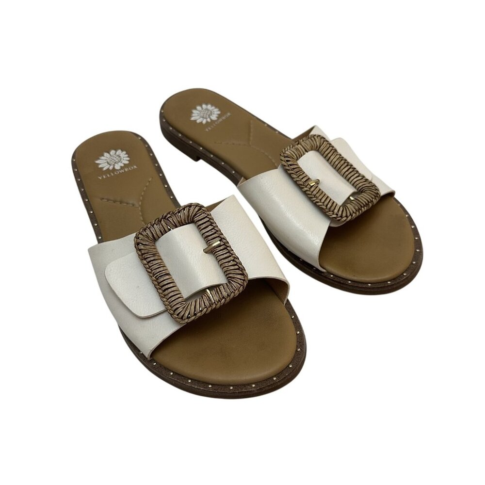 Yellow Box Wilomena Shoes Womens Size 8.5 White Slide Sandals Buckle Stud Detail
